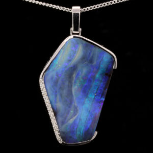 White Gold Blue Green Purple Solid Australian Boulder Opal and Diamond Necklace Pendant