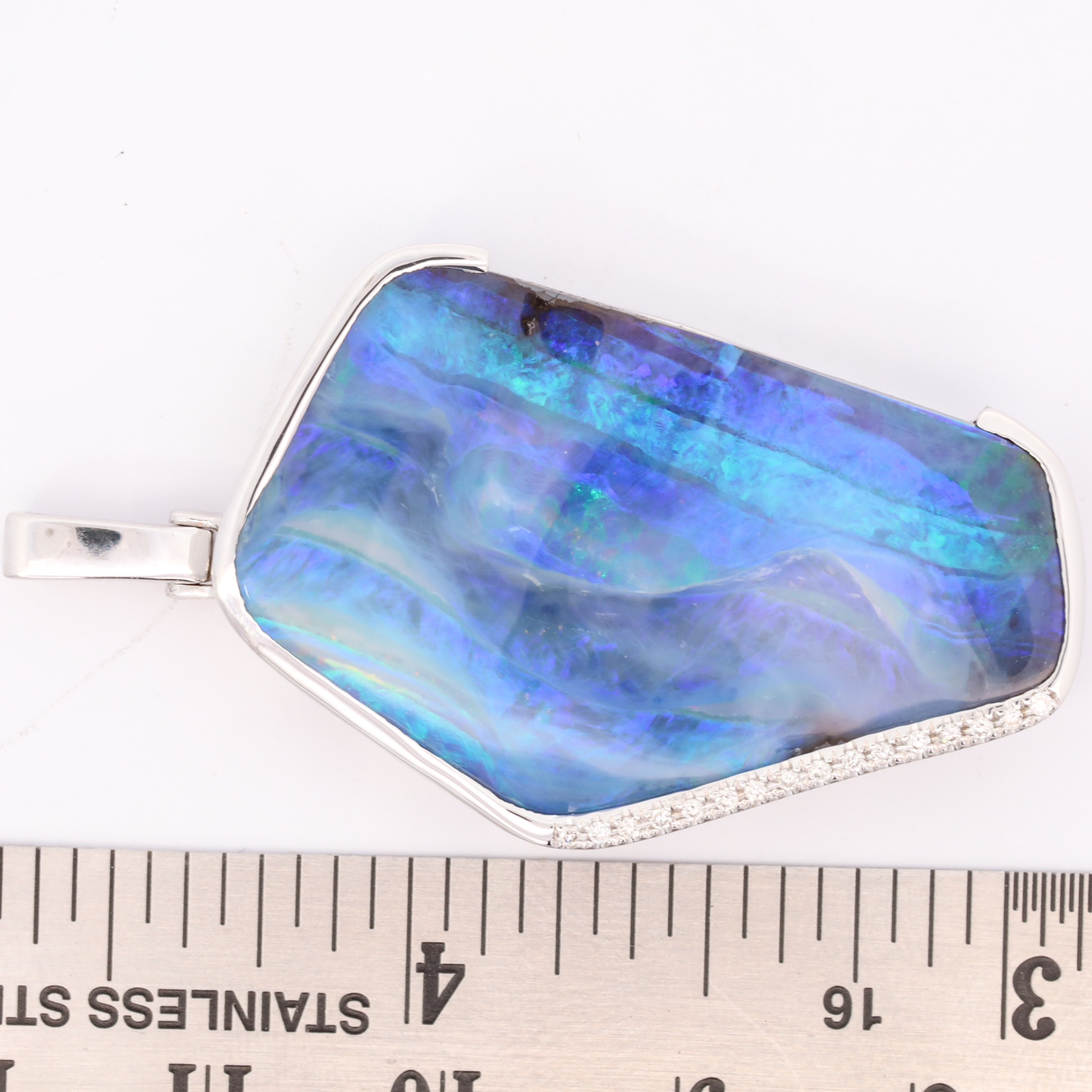 White Gold Blue Green Purple Solid Australian Boulder Opal and Diamond Necklace Pendant