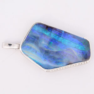 White Gold Blue Green Purple Solid Australian Boulder Opal and Diamond Necklace Pendant