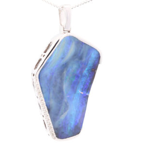 White Gold Blue Green Purple Solid Australian Boulder Opal and Diamond Necklace Pendant