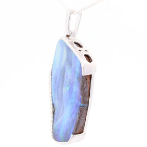 White Gold Blue Green Purple Solid Australian Boulder Opal and Diamond Necklace Pendant