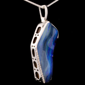 White Gold Blue Green Purple Solid Australian Boulder Opal and Diamond Necklace Pendant