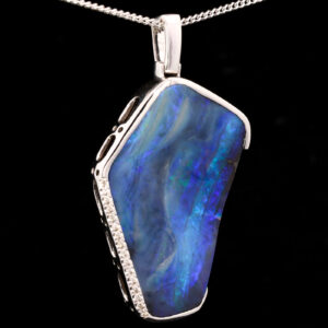 White Gold Blue Green Purple Solid Australian Boulder Opal and Diamond Necklace Pendant