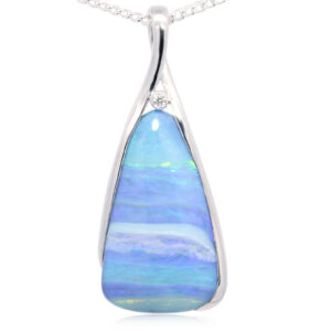 White Gold Blue Green Purple Solid Australian Boulder Opal and Diamond Necklace Pendant