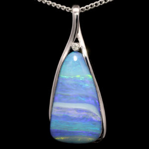 White Gold Blue Green Purple Solid Australian Boulder Opal and Diamond Necklace Pendant