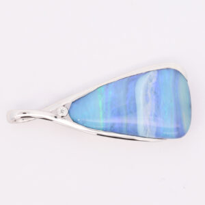 White Gold Blue Green Purple Solid Australian Boulder Opal and Diamond Necklace Pendant