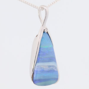 White Gold Blue Green Purple Solid Australian Boulder Opal and Diamond Necklace Pendant