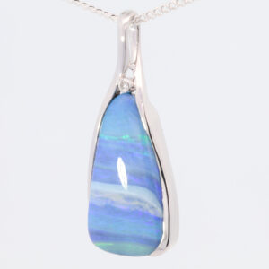 White Gold Blue Green Purple Solid Australian Boulder Opal and Diamond Necklace Pendant