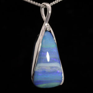 White Gold Blue Green Purple Solid Australian Boulder Opal and Diamond Necklace Pendant