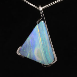 White Gold Blue Green Purple Solid Australian Boulder Opal Necklace Pendant