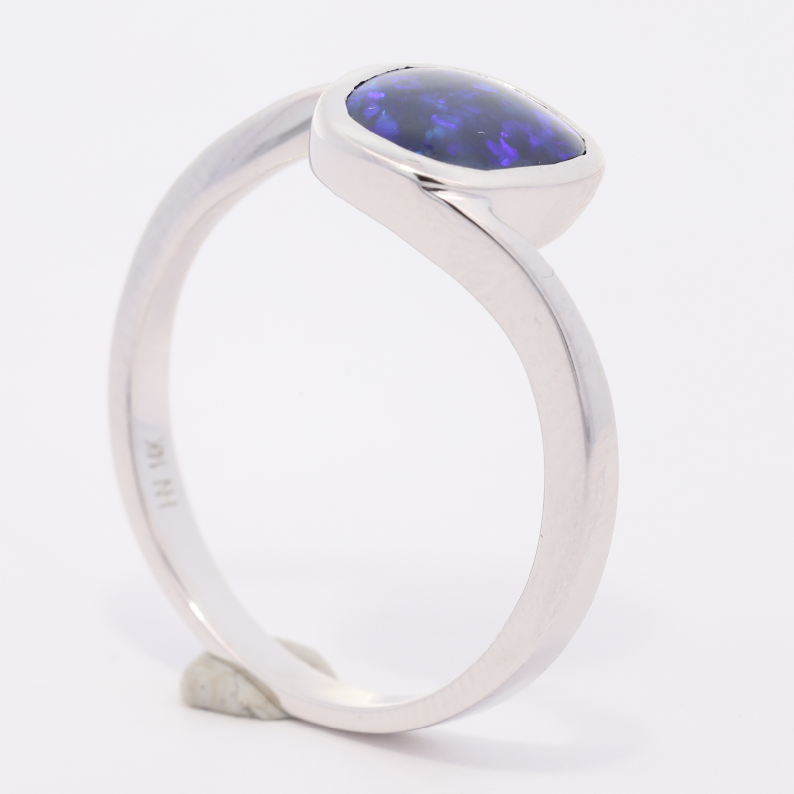White Gold Blue Purple Solid Australian Black Opal Ring