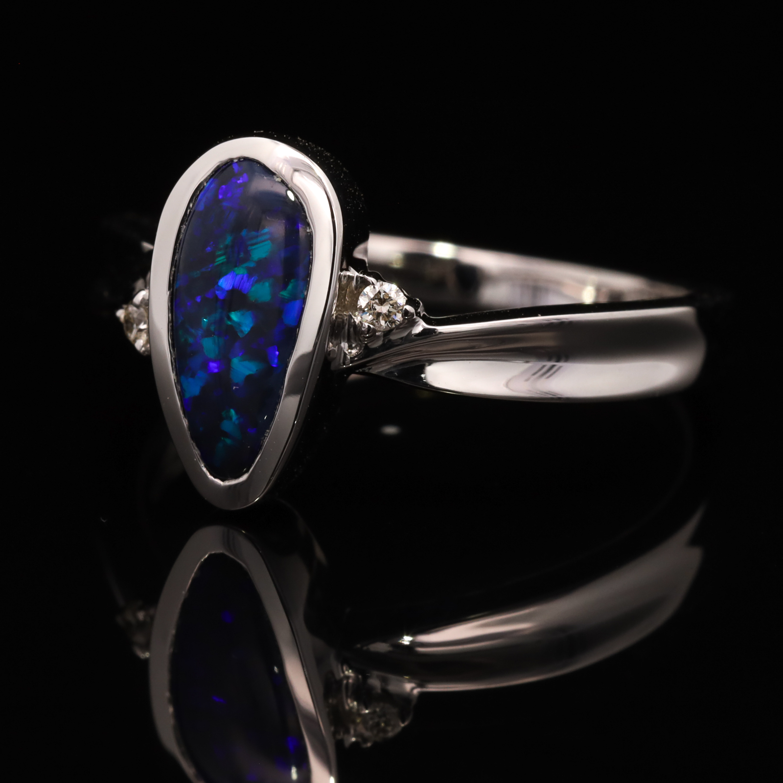 White Gold Blue Green Purple Solid Australian Black Opal and Diamond Ring