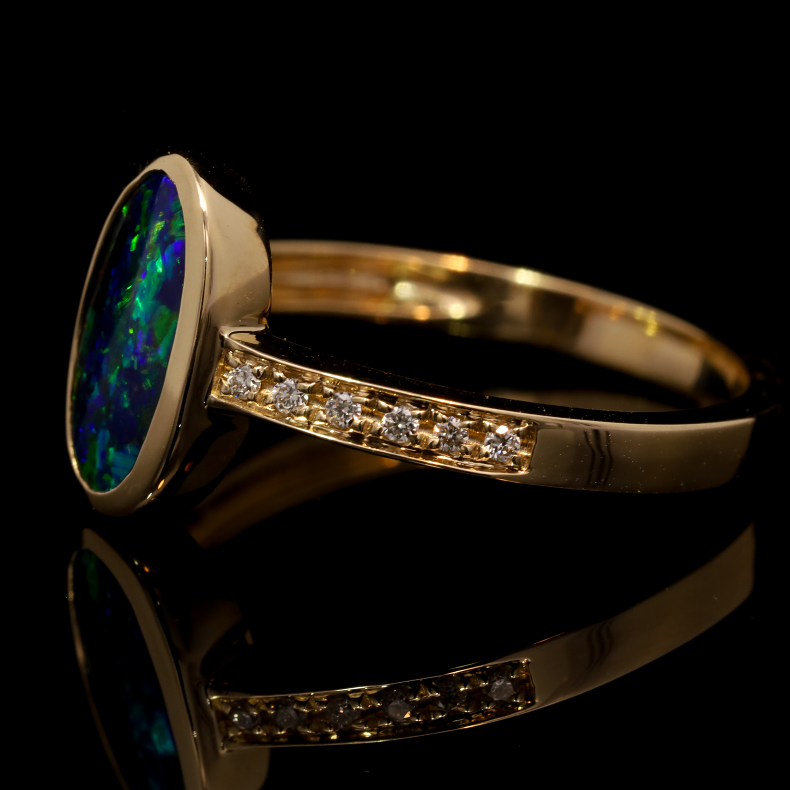 Yellow Gold Blue Green Solid Australian Boulder Opal and Diamond Ring