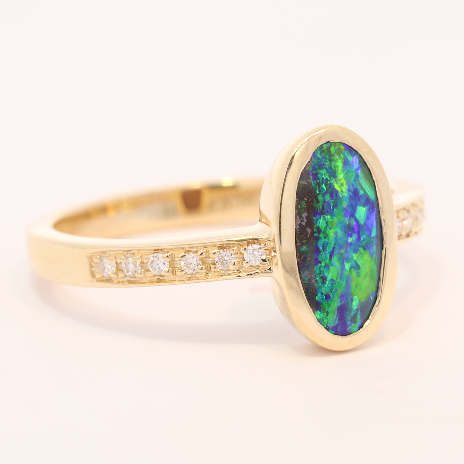 Yellow Gold Blue Green Solid Australian Boulder Opal and Diamond Ring