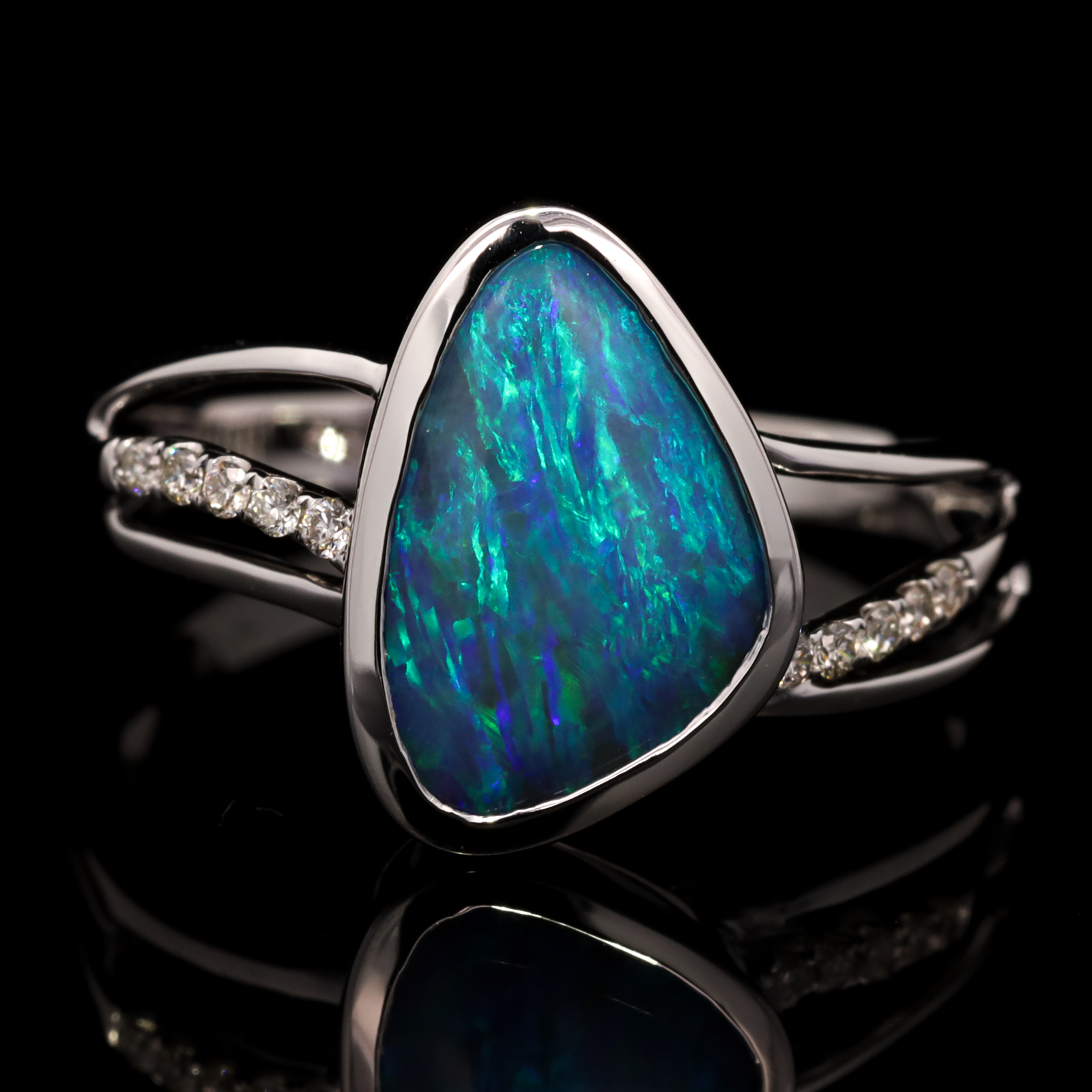 White Gold Blue Green Solid Australian Boulder Opal and Diamond Ring