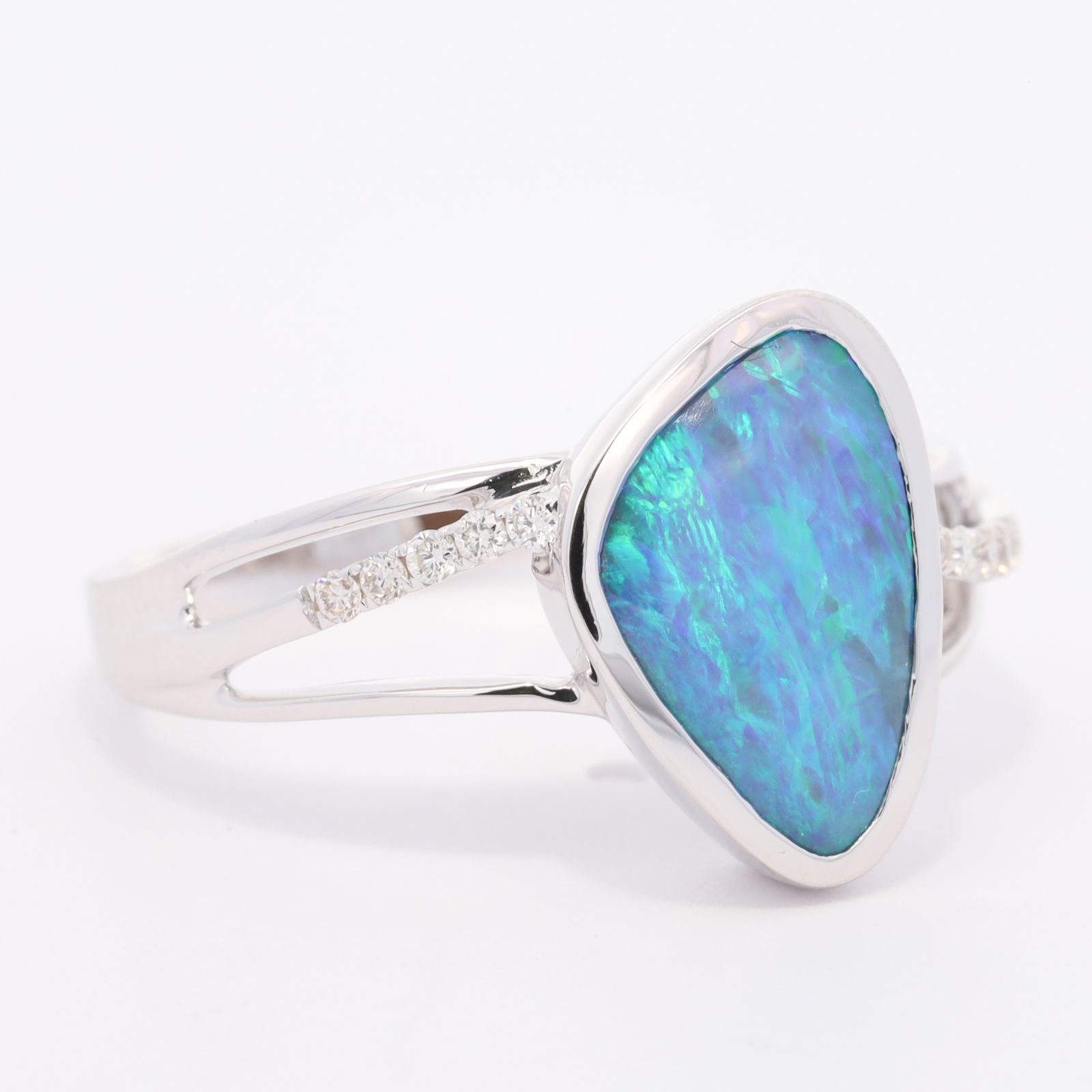 White Gold Blue Green Solid Australian Boulder Opal and Diamond Ring