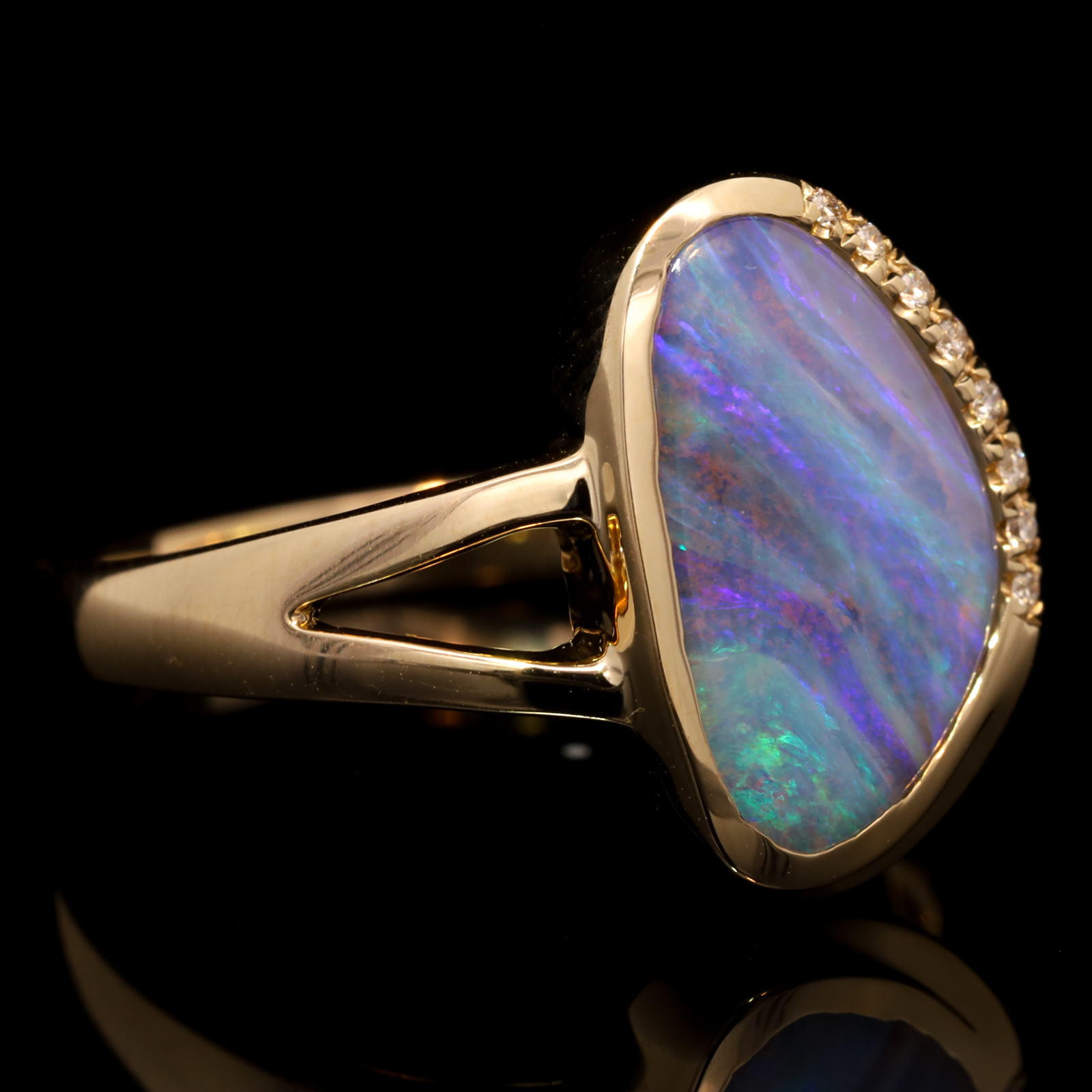 Yellow Gold Blue Green Purple Solid Australian Boulder Opal and Diamond Ring