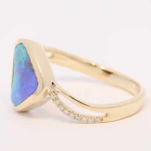 Yellow Gold Blue Green Purple Yellow Solid Australian Boulder Opal and Diamond Ring