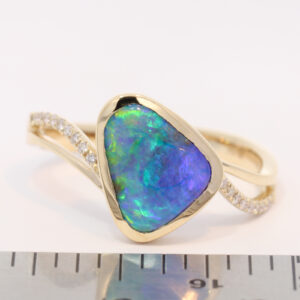 Yellow Gold Blue Green Purple Yellow Solid Australian Boulder Opal and Diamond Ring