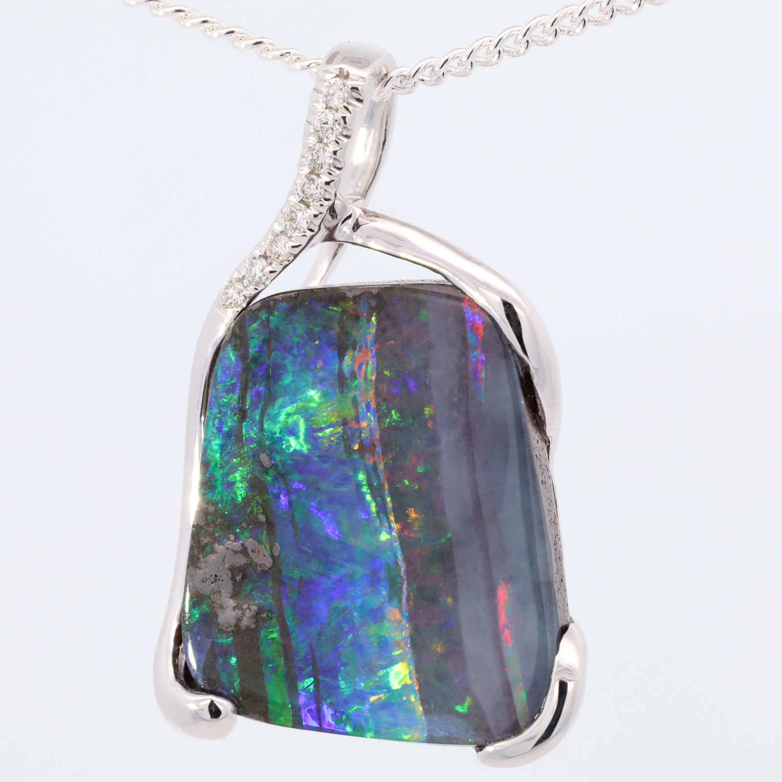 White Gold Blue Green Orange Yellow Red Solid Australian Boulder Opal and Diamond Necklace Pendant
