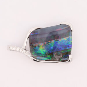 White Gold Blue Green Orange Yellow Red Solid Australian Boulder Opal and Diamond Necklace Pendant