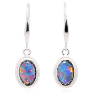 White Gold Blue Green Orange Yellow Red Doublet Opal Earrings