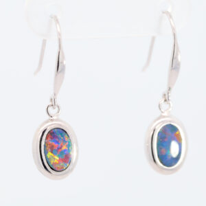 White Gold Blue Green Orange Yellow Red Doublet Opal Earrings