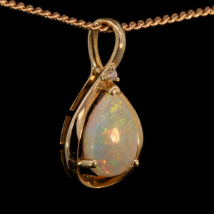 Yellow Gold Blue Green Yellow Orange Pink Australian Solid Crystal Opal and Diamond Pendant Necklace