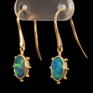 Yellow Gold Blue Green Yellow Orange Doublet Opal Earrings