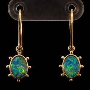 Yellow Gold Blue Green Yellow Orange Doublet Opal Earrings