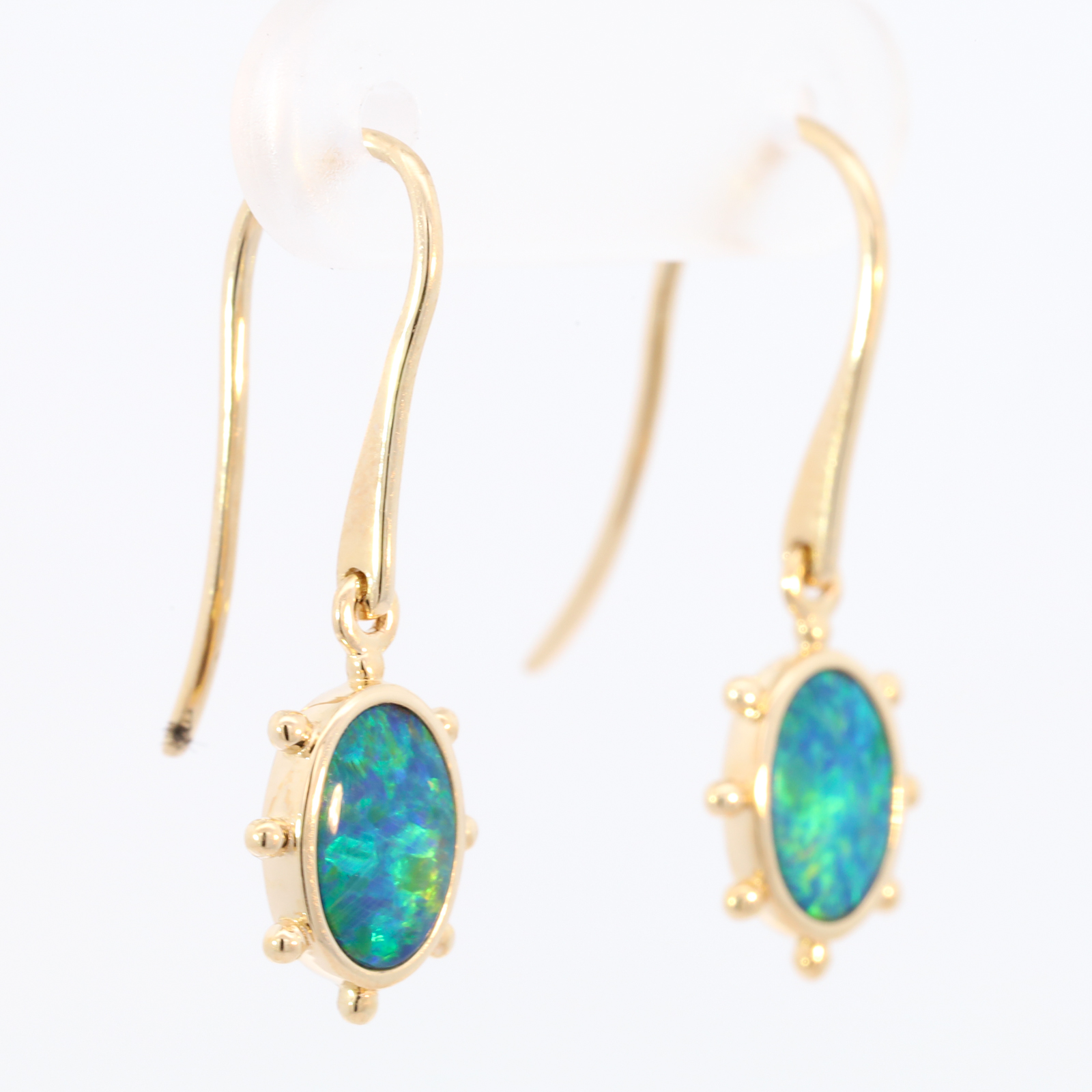 Yellow Gold Blue Green Yellow Orange Doublet Australian Opal Earrings