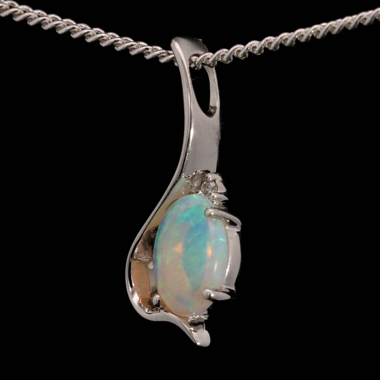 White Gold Blue Green Crystal Opal Australian Solid Crystal Opal and Diamond Pendant Necklace