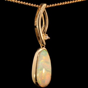 Yellow Gold Blue Green Yellow Orange Red Australian Crystal Solid Opal and Diamond Pendant Necklace