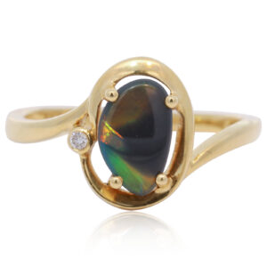 Yellow Gold Blue Green Yellow Orange Australian Solid Black Opal and Diamond Ring