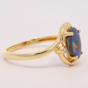 Yellow Gold Blue Green Yellow Orange Australian Solid Black Opal and Diamond Ring