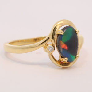 Yellow Gold Blue Green Yellow Orange Australian Solid Black Opal and Diamond Ring