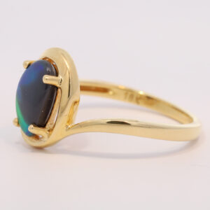 Yellow Gold Blue Green Yellow Orange Australian Solid Black Opal and Diamond Ring