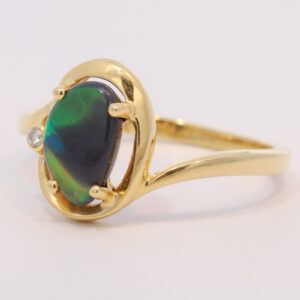 Yellow Gold Blue Green Yellow Orange Australian Solid Black Opal and Diamond Ring