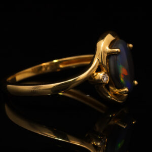 Yellow Gold Blue Green Yellow Orange Australian Solid Black Opal and Diamond Ring
