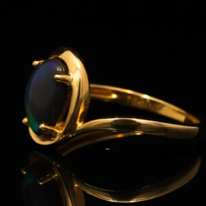 Yellow Gold Blue Green Yellow Orange Australian Solid Black Opal and Diamond Ring