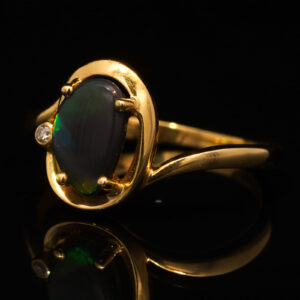 Yellow Gold Blue Green Yellow Orange Australian Solid Black Opal and Diamond Ring