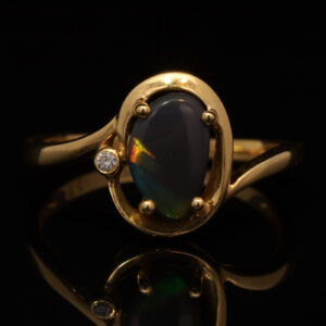 Yellow Gold Blue Green Yellow Orange Australian Solid Black Opal and Diamond Ring