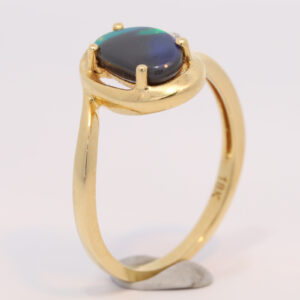 Yellow Gold Blue Green Yellow Orange Australian Solid Black Opal and Diamond Ring