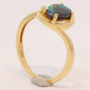 Yellow Gold Blue Green Yellow Orange Australian Solid Black Opal and Diamond Ring