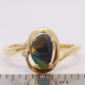 Yellow Gold Blue Green Yellow Orange Australian Solid Black Opal and Diamond Ring