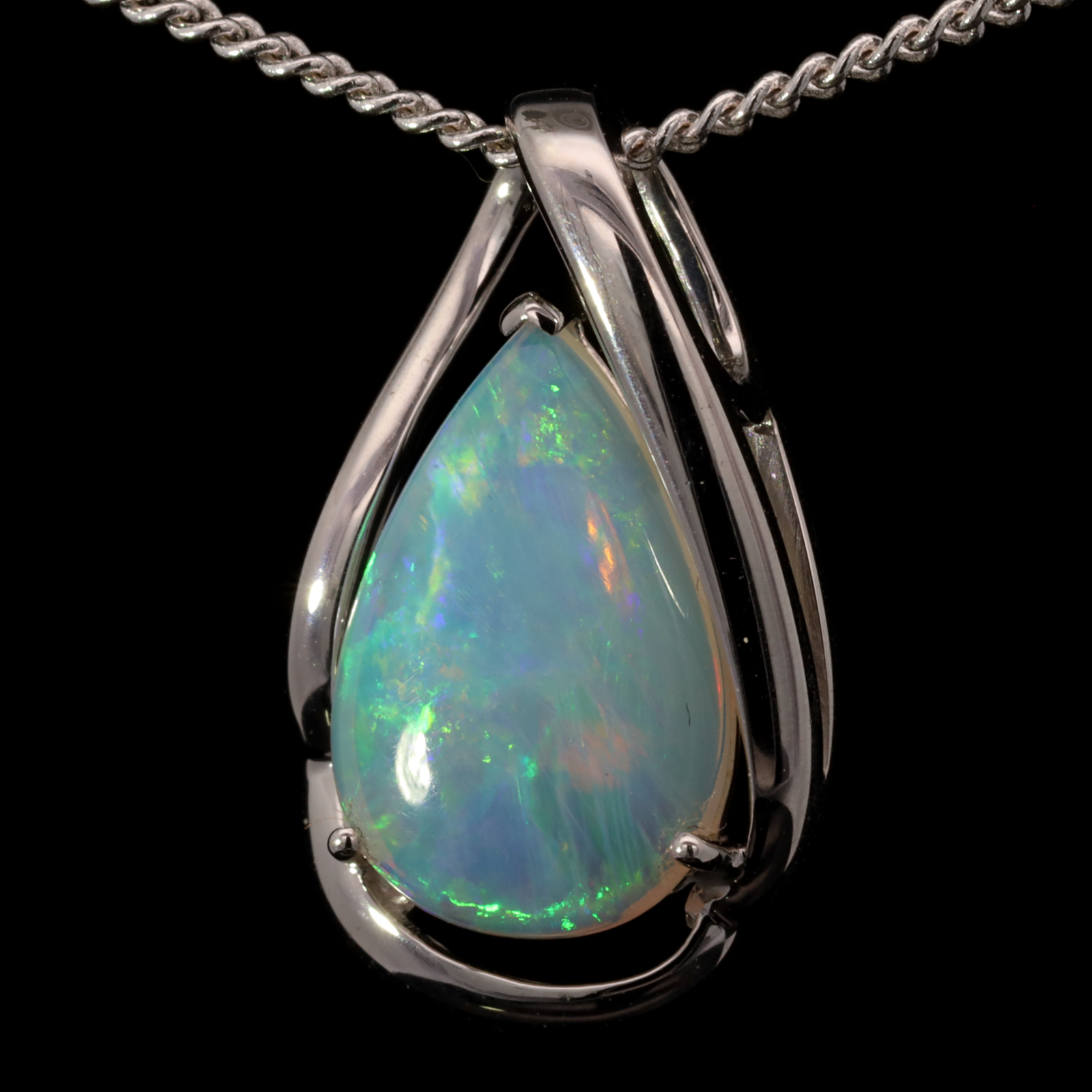 White Gold Blue Green Yellow Orange Purple Australian Solid Crystal Opal and Pendant Necklace