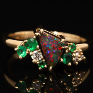Yellow Gold Blue Green Red Purple Australian Solid Boulder Opal Emerald and Diamond Ring
