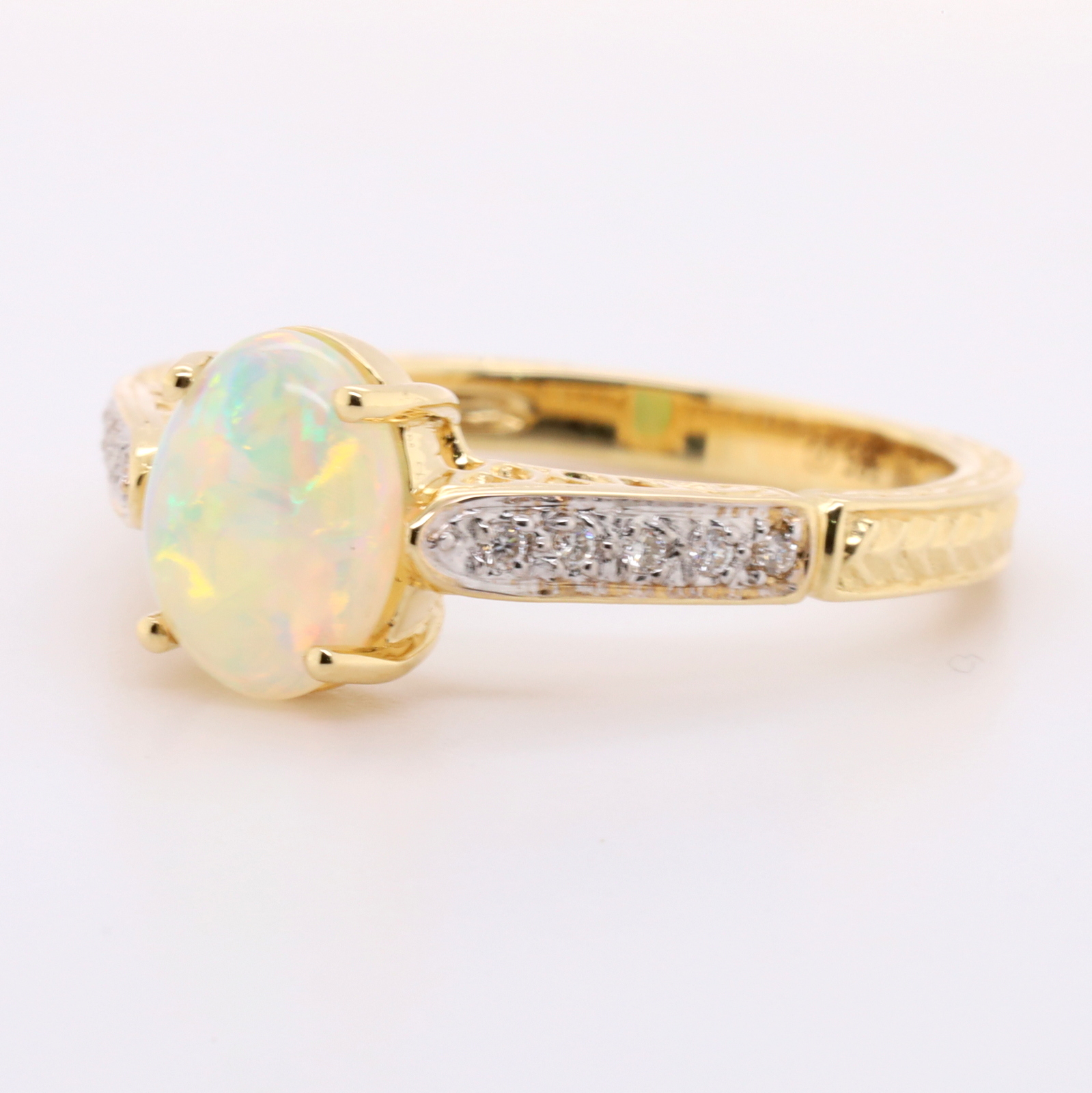 Yellow Gold Blue Green Yellow Orange Pink Solid Australian Crystal Opal and Diamond Engagement Ring