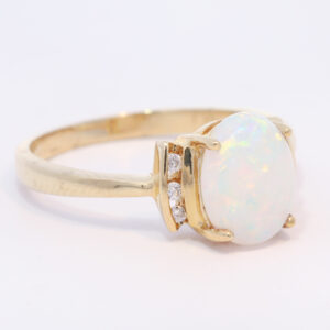 Blue Green and Pink Yellow Gold Solid Australian Crystal Opal Ring Engagement Ring with Diamonds