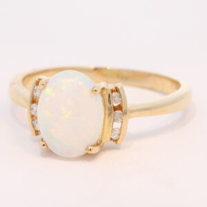 Blue Green and Pink Yellow Gold Solid Australian Crystal Opal Ring Engagement Ring with Diamonds